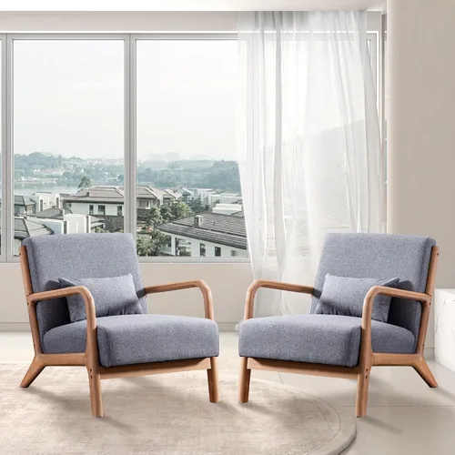 Vista 16 de INZOY Silla con acento moderno de mediados de siglo con marco de madera, sillas tapizadas para sala de estar con cojín lumbar, silla de lectura