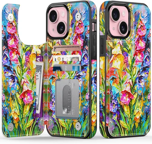 Vista 54 de FUNMIKO Funda tipo cartera para iPhone 15 con tarjetero + clip para efectivo, bloqueo RFID, protección contra caídas de grado militar y obras