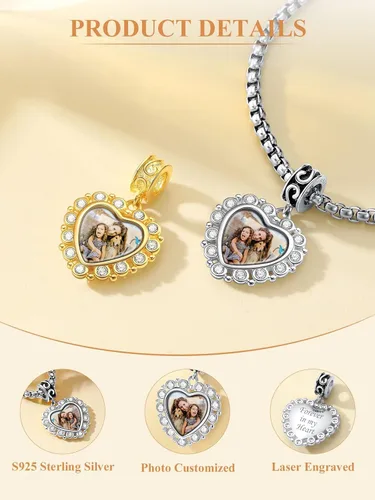 Vista 62 de Custom4U Photo Charms for Bracelets 925 Sterling Silver/Gold Plated Heart/Tree of Life/Round Charm Bead Personalized with Picture Custom