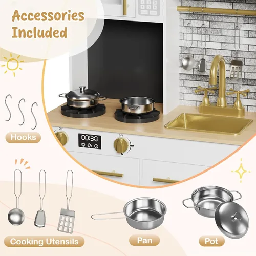Vista 6 de MAMIZO Cocina de juego para niños, cocina de juguete de simulación de madera, juego de cocina Toodler, estufa con luz y sonido, fregadero