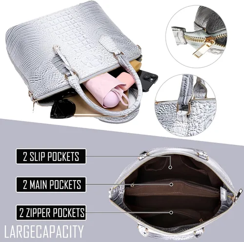 Vista 4 de Bolso de mano para mujer, bolso cruzado largo con clase, asa superior, cuero vegano, bolso de mano para mujer, patrón en relieve