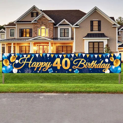 Vista 8 de Pancarta Grande de Telón de Fondo Feliz Cumpleaños 16 Azul Dorado, Cartel de Cumpleaños 16, Suministros de Decoración de Fiesta de 16 Años