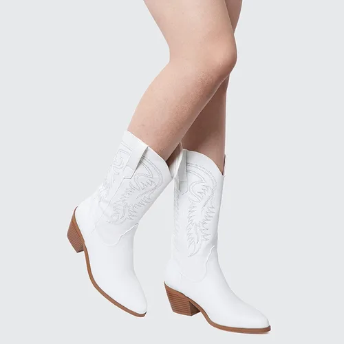 Vista 5 de AMINUGAL Botas vaqueras para mujer, botas vaqueras de media pantorrilla, punta puntiaguda, tacón grueso, bordadas, botas occidentales para mujer