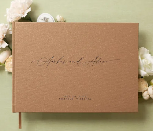 Vista 2 de MUUJEE Libro de visitas personalizado con brillo bronce - Libro de invitados moderno personalizado de alta calidad para recepción de boda, fiesta
