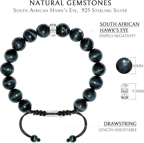 Vista 4 de Hawk's Eye Charoite Beaded Bracelet for Men Sterling Silver Charm Adjustable Drawstring 10mm Natural Gemstones Gift for Men, 6.3''-7.1