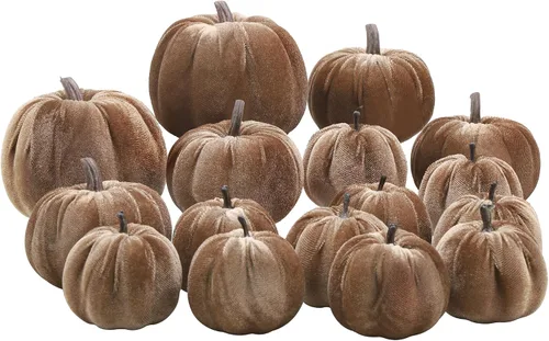 Vista 14 de Woration 16 piezas de terciopelo de tamaño surtido de calabaza artificial decoración de tela envuelta en otoño cosecha calabaza otoño mesa centro