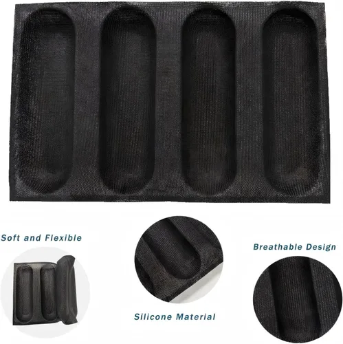 Vista 3 de Dioycli Molde de pan de silicona para hornear pan grande de baguette sartén perforada para bollos de perritos calientes, 4 panes, alfombrilla