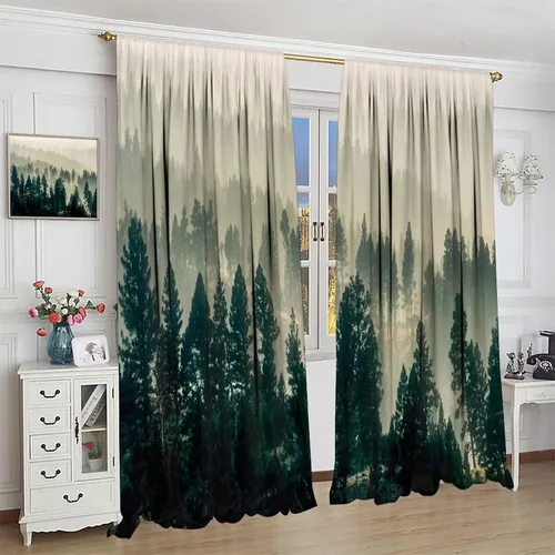 Vista 3 de Cortina de bosque neblinoso, bosque verde brumoso, paisaje natural, pino, alerce, niebla, montaña, oscurecimiento de habitación, puerta, ventana