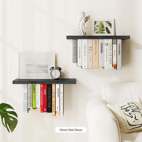 Vista 7 de Estantería flotante para pared, estantería colgante de madera rústica, estante de libros boca abajo y estantes montados en la pared para decoración