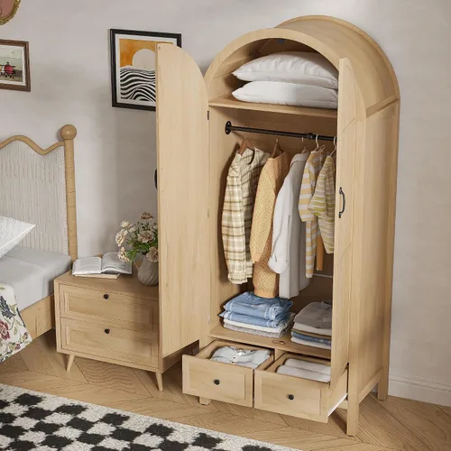 Vista 6 de Lxsxlome Armario moderno con cajones y 2 puertas arqueadas acanaladas, 70.87 pulgadas de alto, armarios de madera con estantes y barra para colgar