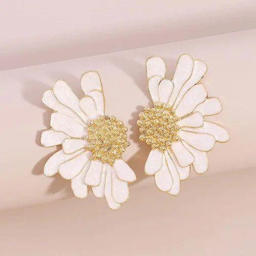 Vista 4 de Aretes colgantes de media flor para mujeres y niñas, chapados en oro de 14 quilates, multicolor, esmaltados, grandes margaritas, girasoles