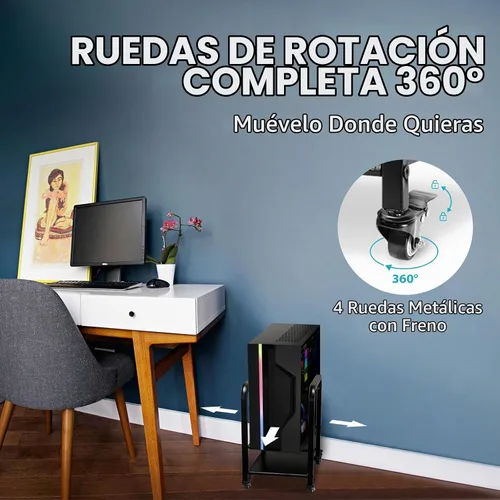 Vista 4 de Soporte de torre para computadora, soporte de piso de PC de altura ajustable de 2 niveles para torre pequeña/media, carrito de metal completo