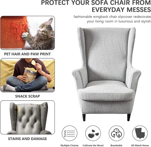 Vista 5 de Funda impermeable para silla con respaldo de ala, fundas elásticas de jacquard para silla con respaldo de ala de 2 piezas, funda de sofá