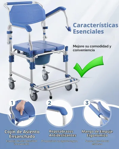 Vista 3 de Silla de ducha con ruedas de 4 pulgadas, cómoda de noche, brazos abatibles, 330 libras