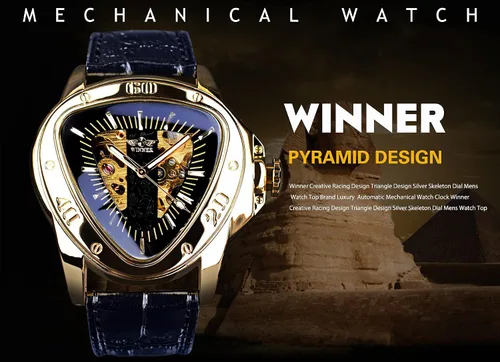 Vista 2 de Winner - Reloj de pulsera mecánico de moda triangular, esfera de carreras triangular, esfera de esqueleto dorado, movimiento automático, diseño