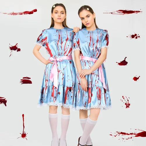 Vista 5 de 8 piezas de disfraces de Halloween para mujer, gemelos manchados de sangre, con cinta rosa y calcetín alto hasta la rodilla, cintas de fiesta