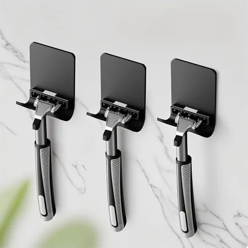 Vista 3 de Soporte para maquinilla de afeitar (2 unidades), ganchos autoadhesivos resistentes de acero inoxidable, ganchos de pared adhesivos de acero