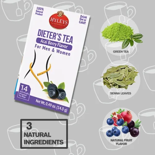 Vista 5 de Hyleys Dieter's Tea con sabor a bayas de acai – 14 bolsas de té – Té adelgazante para adelgazar y limpiar desintoxicante