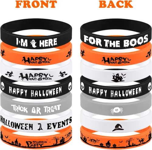 Vista 2 de FEPITO 140 paquetes de pulseras de silicona para Halloween, 7 patrones clásicos de Halloween, pulseras de goma