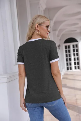 Vista 3 de Camiseta básica de manga corta para mujer, cuello redondo, bloque de color básico