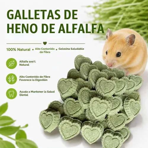 Vista 3 de Heno de alfalfa 100% natural, 36 piezas, galletas molares de hierba en forma de corazón, aperitivos diarios saludables sin aditivos para conejos