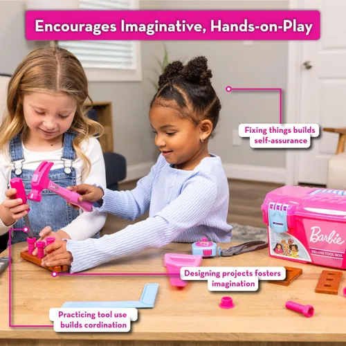 Vista 3 de Juego de caja de herramientas Barbie – Juego de herramientas de lujo de 18 piezas, herramientas de construcción de juego de simulación con cinta