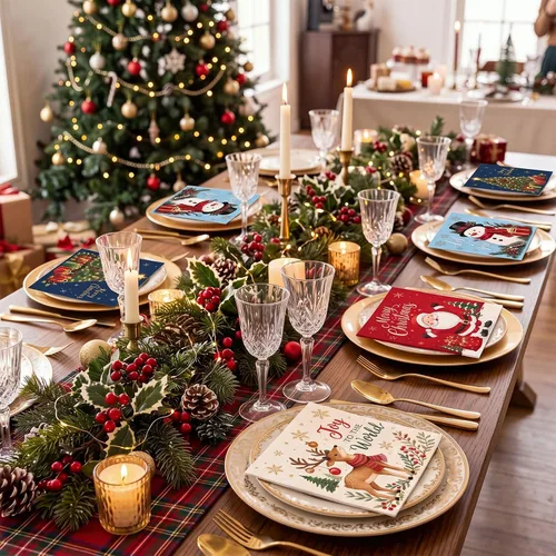 Vista 6 de Faccito 100 Pcs Christmas Napkins, Santa Paper Towel for Winter Holiday 3 Ply Disposable Cocktail Napkins, Merry Christmas Tree, Snowman, Elk, Xmas