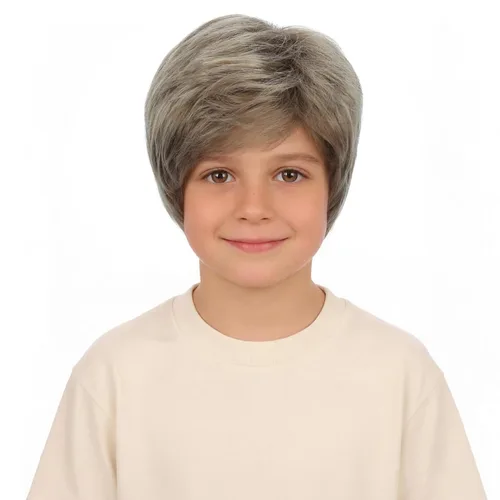 Vista 6 de Peluca marrón para niños, peluca corta recta marrón oscuro para niños, resistente al calor, pelo sintético con gorra