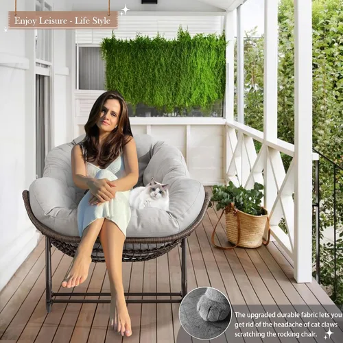 Vista 2 de Mecedora para patio al aire libre, silla mecedora de huevos de ratán para interiores, cómoda silla Papasan de gran tamaño con cojín más grueso