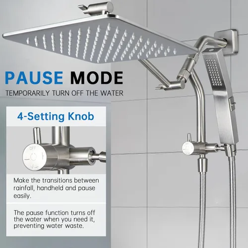 Vista 4 de G-Promise Cabezal de ducha de lluvia de metal completo de 10 pulgadas con modo de lavado de potencia incorporado manual, desviador de 3 vías