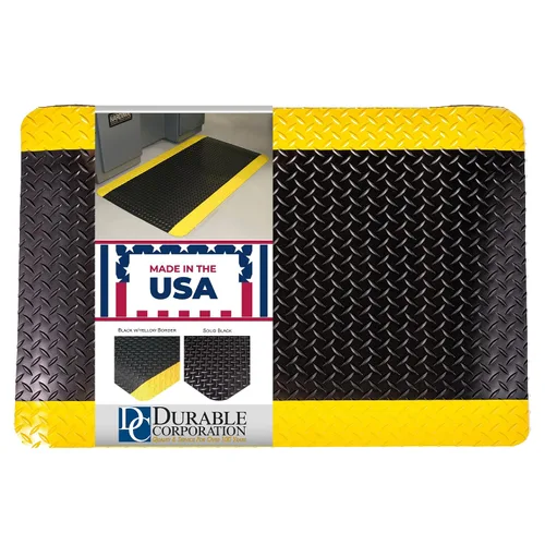 Vista 6 de Durable Corporation alfombra industrial de vinilo diamante, esponjosa, antifatiga, para interiores., Negro con amarillo (black With Yellow Border), 1
