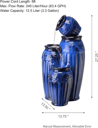 Vista 2 de Glitzhome - Fuente de jardín de 27.25" de alto con luces LED y bomba, fuente de agua para exteriores de 4 niveles con patrón en relieve azul Azul