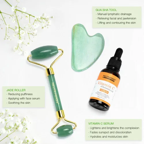 Vista 9 de NEUTRIHERBS Jade Gua Sha y rodillo facial y suero de vitamina C Set de herramientas faciales (kit 3 en 1), masajeador facial casero para arrugas