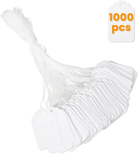 Vista 10 de 1000 etiquetas de precio blancas con cuerda adjunta, 1.75 x 1.1 pulgadas Blanco