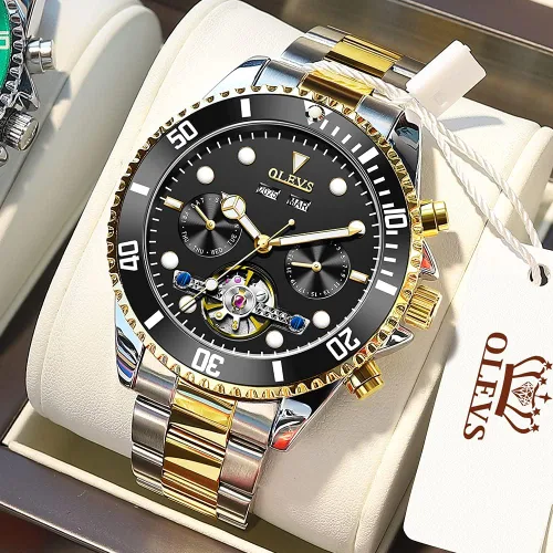Vista 3 de OLEVS Reloj automático para hombre esqueleto mecánico de cuerda automática de lujo acero inoxidable 3 ATM impermeable calendario relojes de pulsera