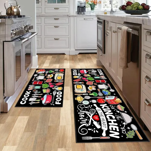 Vista 4 de Farmhouse Kitchen Rules Alfombra Juego de 2 Piezas, Decoración Rústica Negra Alfombras de Cocina, Tapetes de Piso Antideslizantes Absorbentes