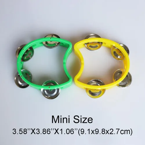 Vista 5 de Pandereta mini campana de mano de percusión instrumento musical pandereta pequeña (1 verde y 1 amarillo) Paquete de 2 (1 verde y 1 amarillo)