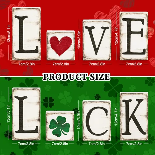 Vista 2 de Whaline 4 letreros de madera para el día de San Patricio, diseño rústico de trébol de la suerte del amor, centro de mesa con forma de corazón