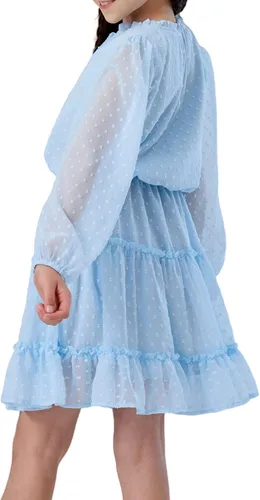 Vista 2 de DONWEN Vestido de punto suizo para niña, manga larga, vestido de gasa fluido, vestido de primavera y verano, con lazo frontal, vestidos casuales