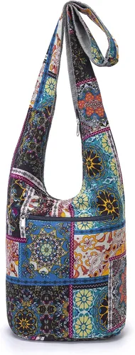 Vista 4 de Bolsa de hombro para mujer, de lona en estilo hippiebohemio para llevar cruzada al hombro, disponible en diferentes colores y estampados