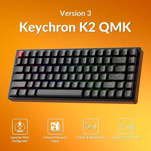 Vista 2 de Keychron K2 75% Layout QMK Teclado mecánico inalámbrico y con cable Interruptor súper rojo, marco de aluminio con retroiluminación RGB con teclas