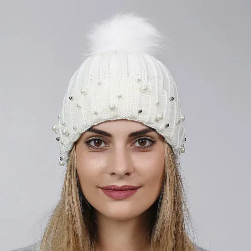 Vista 5 de Topwon Gorro de invierno para mujer con pompón de punto de cráneo, gorro de perlas de moda, gorro cálido