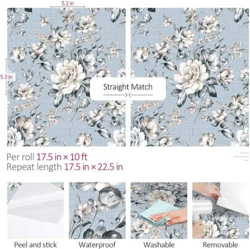 Vista 7 de ReWallpaper Papel tapiz azul para despegar y pegar, papel tapiz vintage azul y blanco, papel de pared adhesivo extraíble con flores, papel