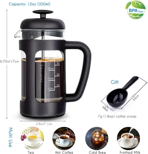 Vista 2 de Easyworkz French Press - Cafetera de 12 onzas con vidrio de borosilicato, mango de agarre suave
