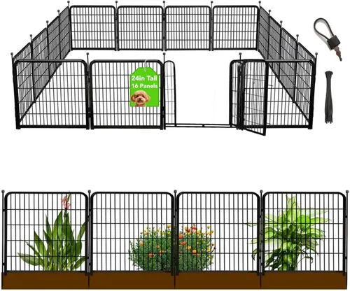 Vista 11 de Vallas Decorativas de Jardín de 24 pulgadas (H) con Puerta, 8 Paneles Total 15.7 pies (L) Valla de Barrera de Hierro Resistente para Animales