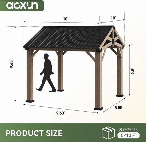 Vista 7 de Aoxun Gazebo de madera de cedro de 10' x 10' con techo de acero galvanizado