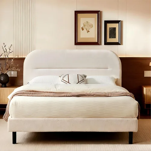 Vista 11 de Furnify Marco de cama tamaño individual, marco de cama tapizado de tela suave con cabecera ajustable, marco de cama de plataforma con esquinas Beige