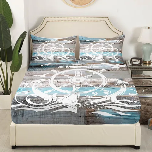 Vista 5 de Erosebridal Juego de sábanas de ancla náutica, sábanas de brújula oceánica, tamaño individual para niños, adolescentes, adultos, decoración