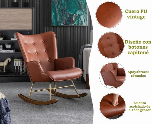 Vista 4 de EALSON Mecedora tapizada de piel, con respaldo copetudo, con base de madera, sillón moderno y cómodo para dormitorio, sala de estar, color marrón PU