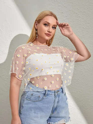 Vista 5 de Floerns Blusa de malla transparente de manga corta para mujer, talla grande